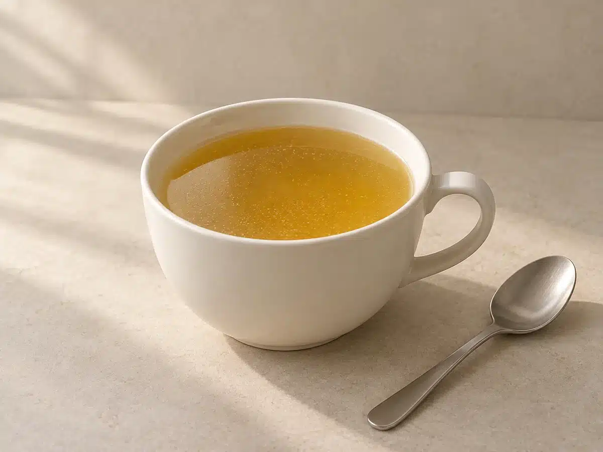 陶瓷杯中的咸味骨汤,示意风味兼容性